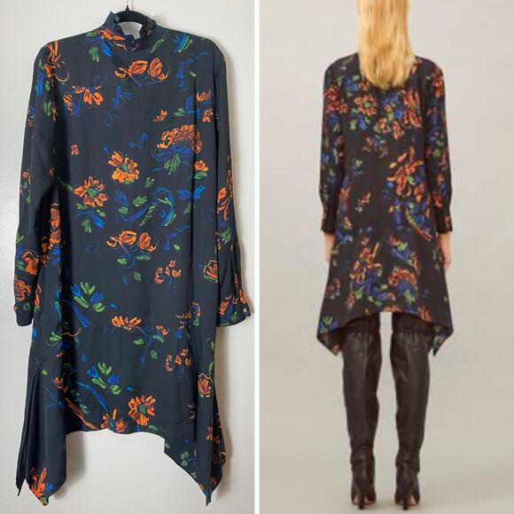 NEW TORY BURCH DRESS BLACK CORA FLORAL RUFFLE ASYMMETRICAL CREPE PLEATED SHORT - Picture 2 of 15